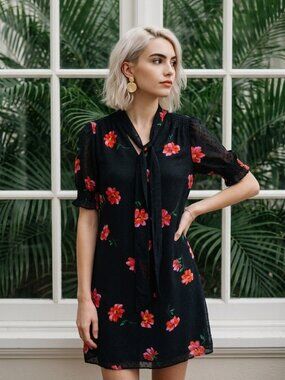 DKNY Floral Swiss Dot Shift Dress Size 6 Navy Pink Orange Tie Neck Sheer Sleeves